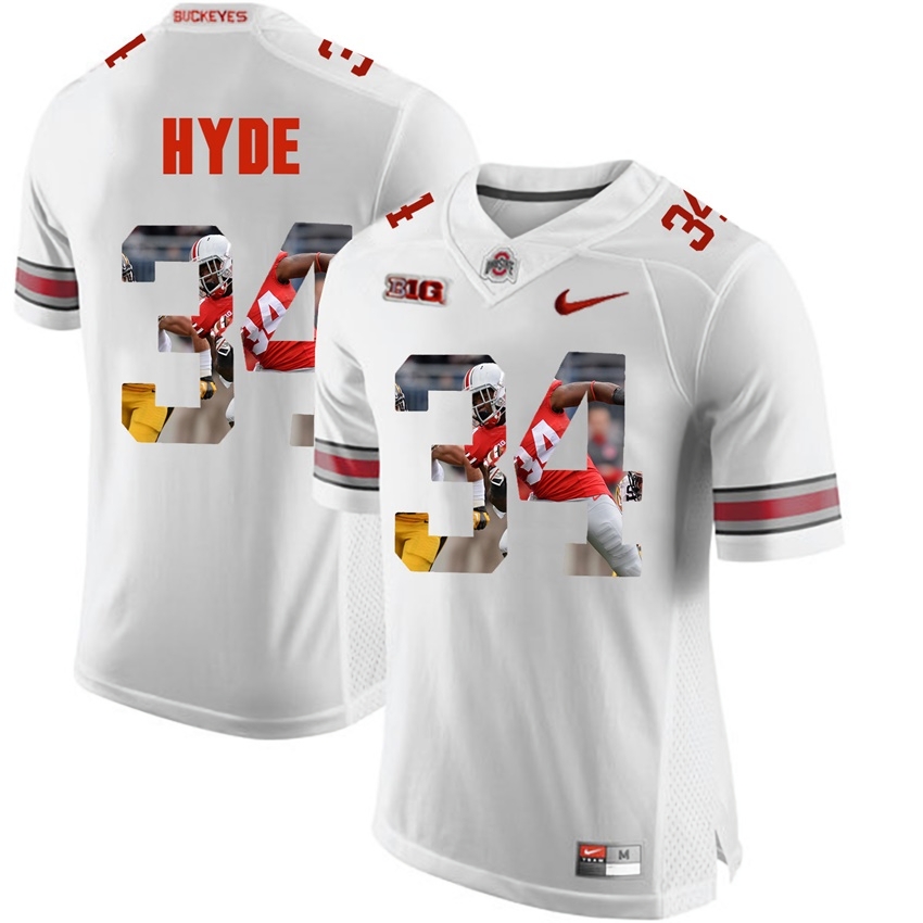 Ohio State Buckeyes Men's NCAA CameCarlos Hyde #34 White With Portrait Print College Football Jersey JVM0249OS